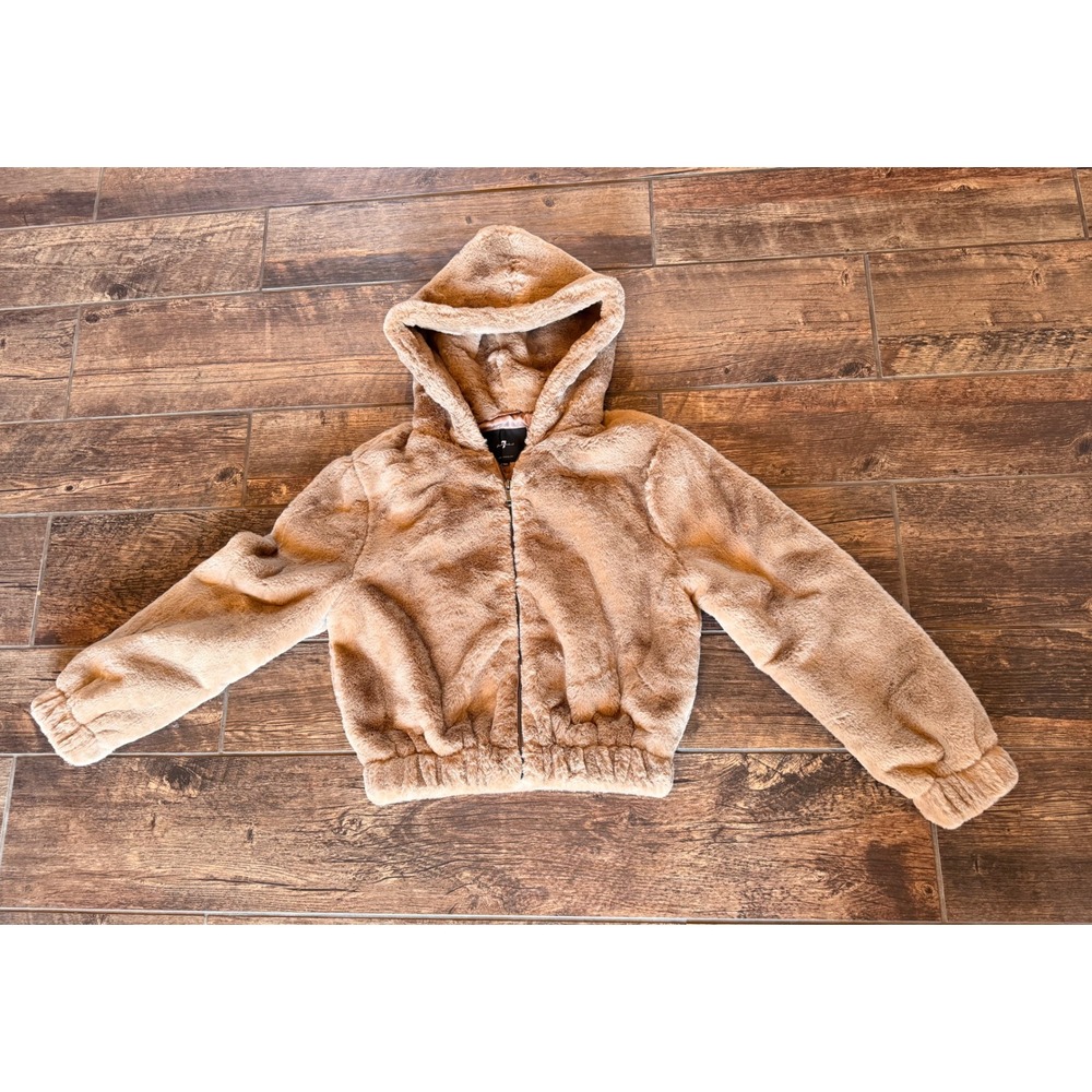 7‎ For All Mankind Womens Faux Fur Hooded Bomber Jacket Tan Camel XS Zip Up